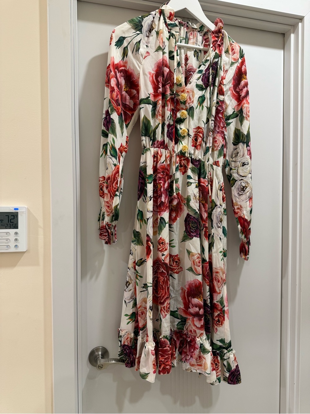 Dolce & Gabbana Cream Floral Long-Sleeve Midi Dress